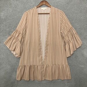 Hailey & Co Open Cardigan Women L Tan Ruffle Bell Sleeve Lightweight Boho Kimono